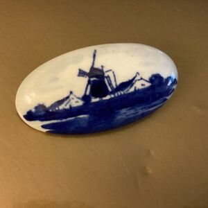 Vintage Delft Holland brooch Windmill oval hand painted blue white